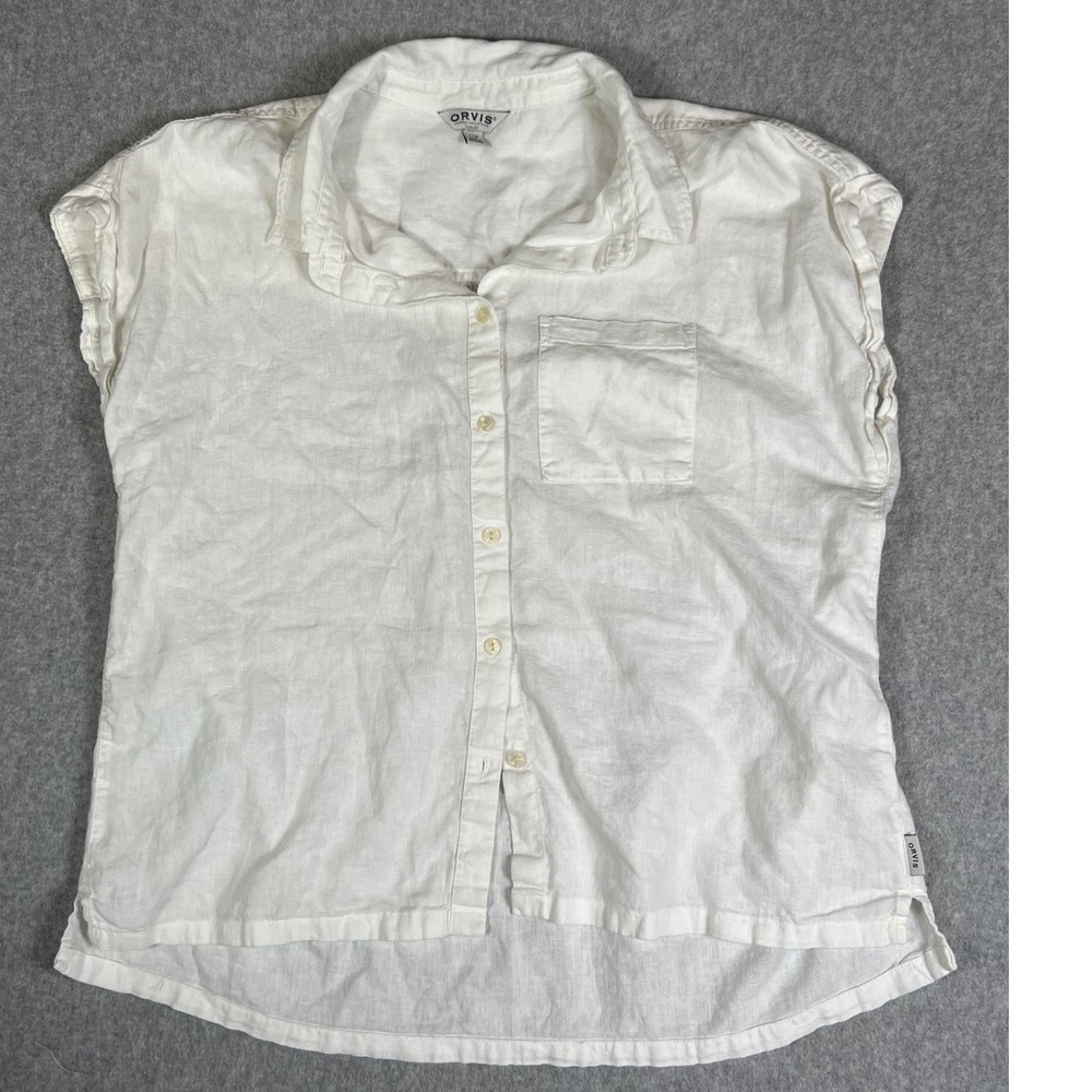 Orvis White Linen Blend Short Sleeve Button Up Shirt Top Size L Classic Vacation
